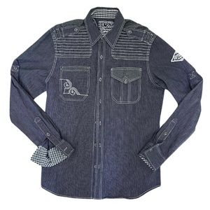 Affliction Live Fast Black Premium Pinstripe Men's Button Shirt Slim Fit Medium